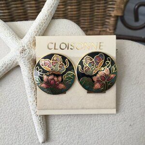 Vintage 70's Cloisonné Earrings Clip-on Enamel Butterfly and Flower NEW!
